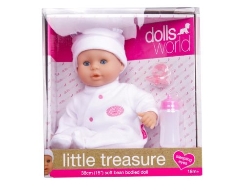 Little Treasure babzsákos baba fehér ruhában - 38 cm