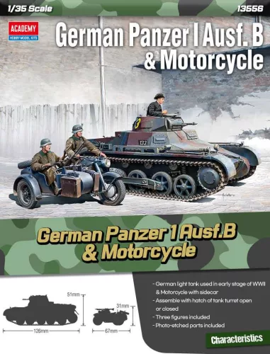 Katonai modell 13556 - German Panzer I Ausf.B & Motorcycle (1:35)